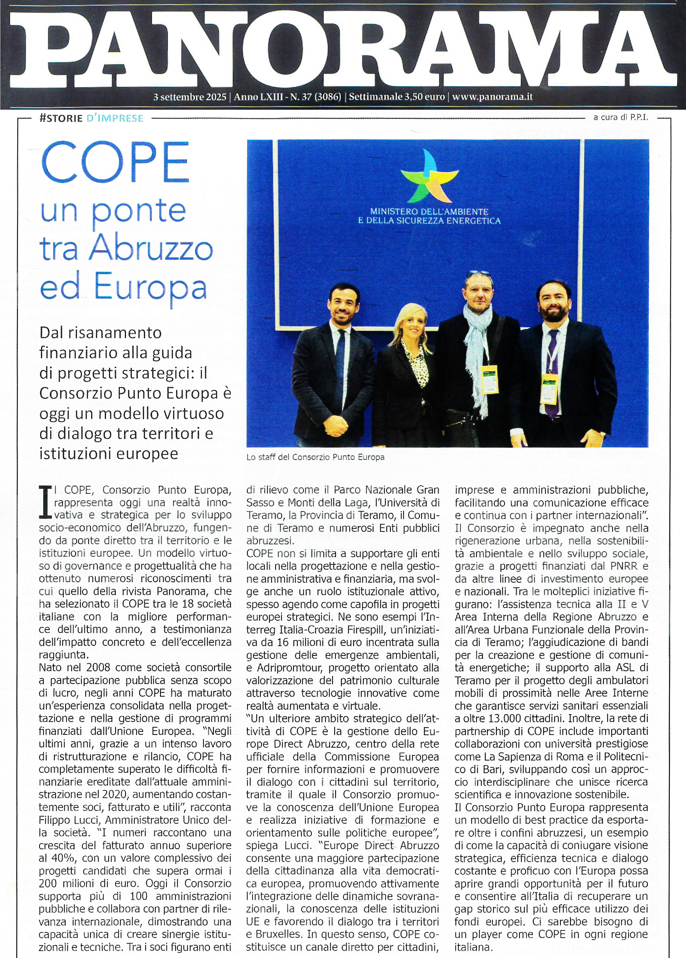 Articolo dedicato al Consorzio Punto Europa su Panorama