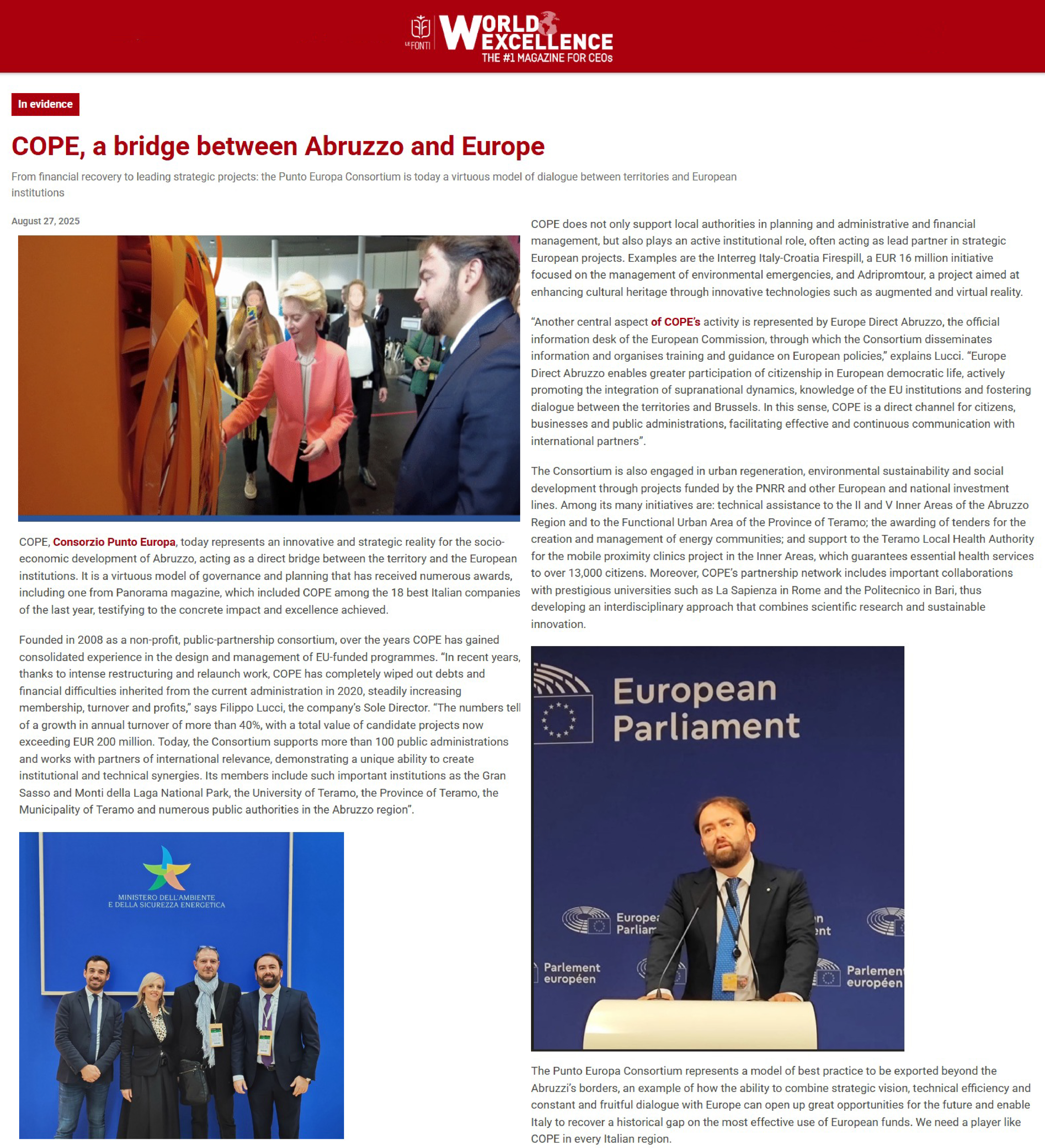 Articolo dedicato al Consorzio Punto Europa su World Excellence